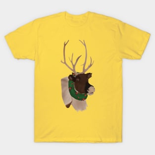Festive Christmas Reindeer with Wreath and Pine Cones and Holly Berries T-Shirt